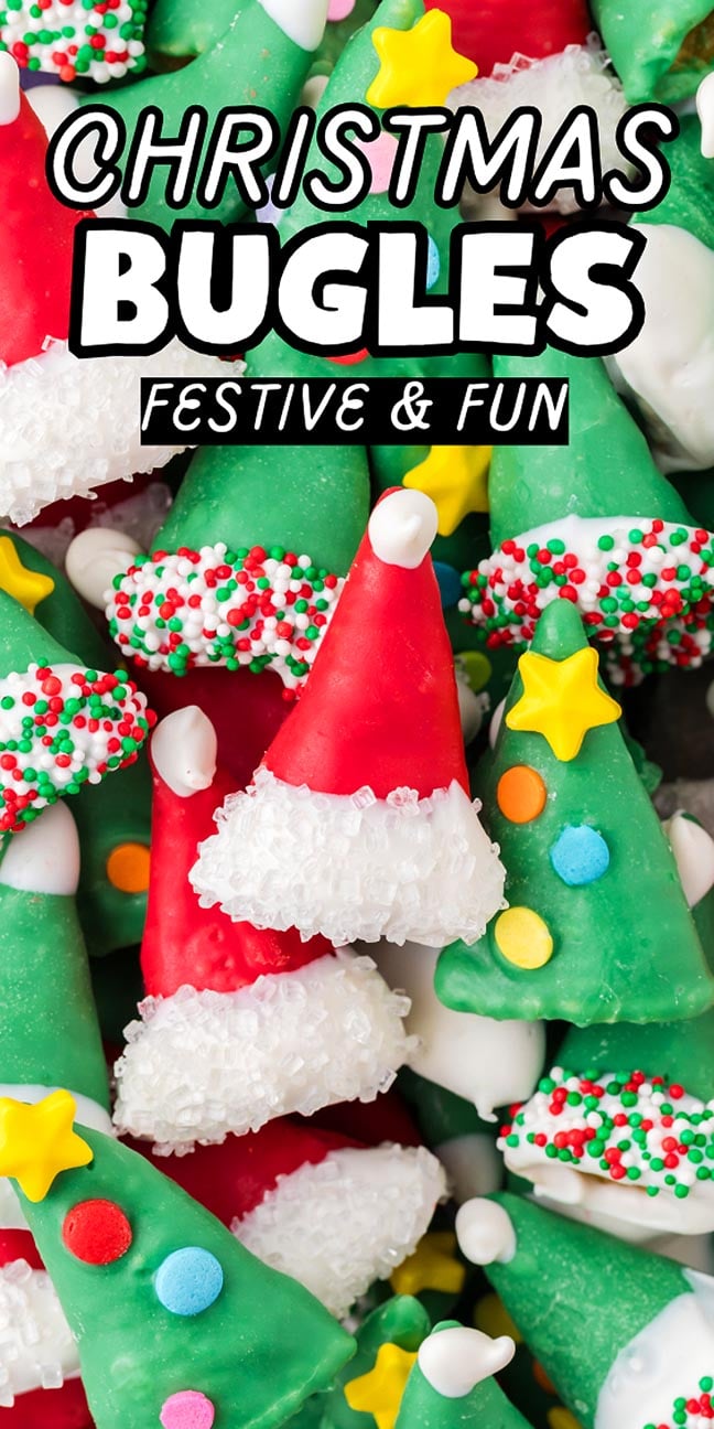 Christmas Bugles snacks decorated as Christmas trees and Santa hats with colorful icing, sprinkles, and festive toppings.