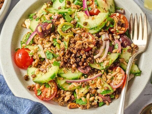 A plate of crispy lentil salad with fresh cucumbers, cherry tomatoes, onions, olives, and wholesome grains.
