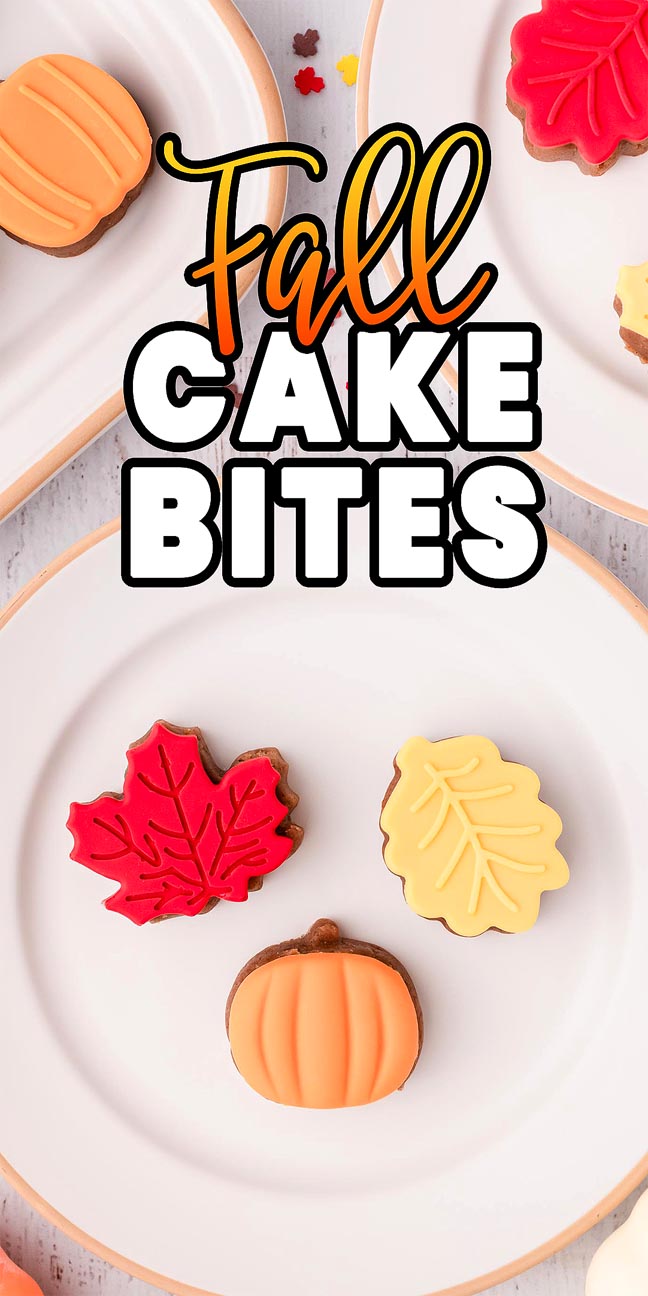 Plates with fall cake bites shaped like pumpkins and leaves, featuring a "Fall Cake Bites" text overlay.