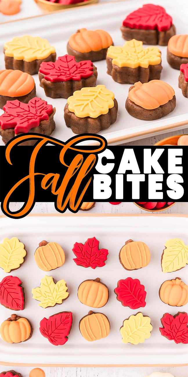 Assorted fall cake bites shaped like pumpkins and leaves, decorated in vibrant red, yellow, and orange hues for a festive autumn treat.