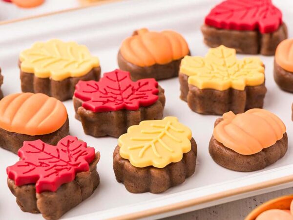 A tray of fall cake bites shaped like pumpkins and leaves, decorated with red and yellow icing.