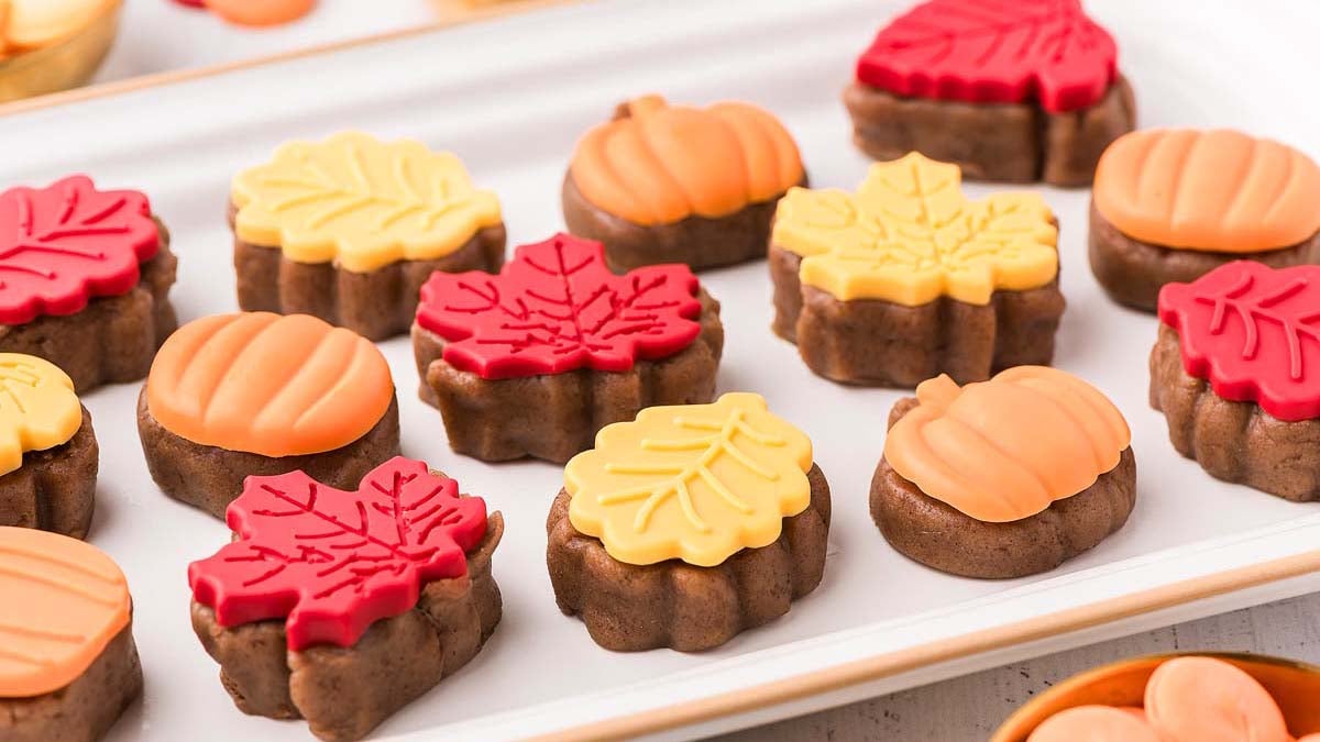 Small fall themed cake bites with colorful icing.