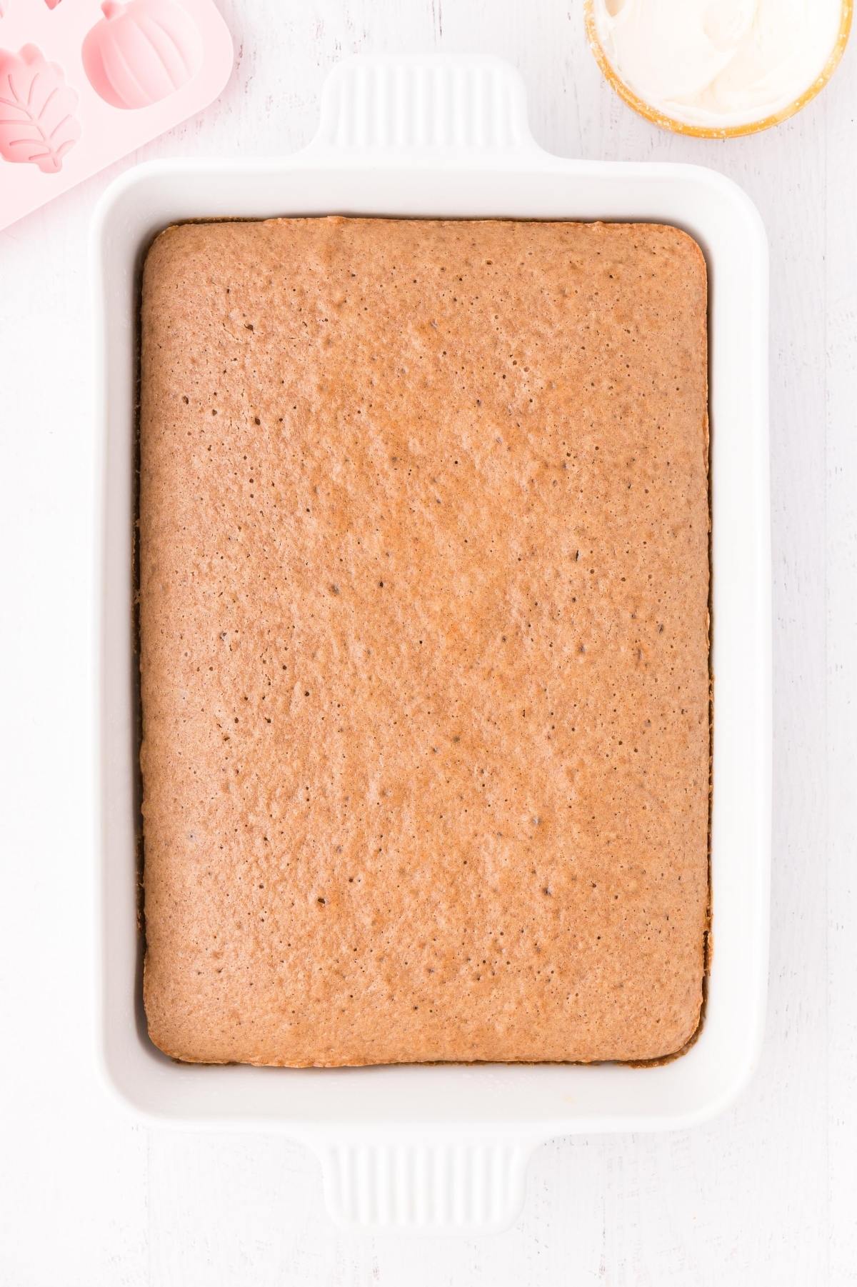 A freshly baked sheet cake in a white rectangular baking dish on a white surface.
