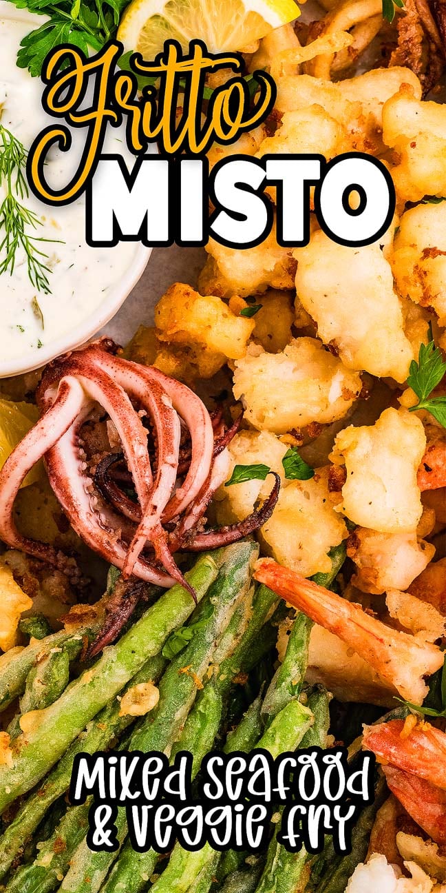 Close-up of crispy fritto misto—fried mixed seafood, vegetables, and dip—with text: "Fritto Misto: Mixed Seafood & Veggie Fry.