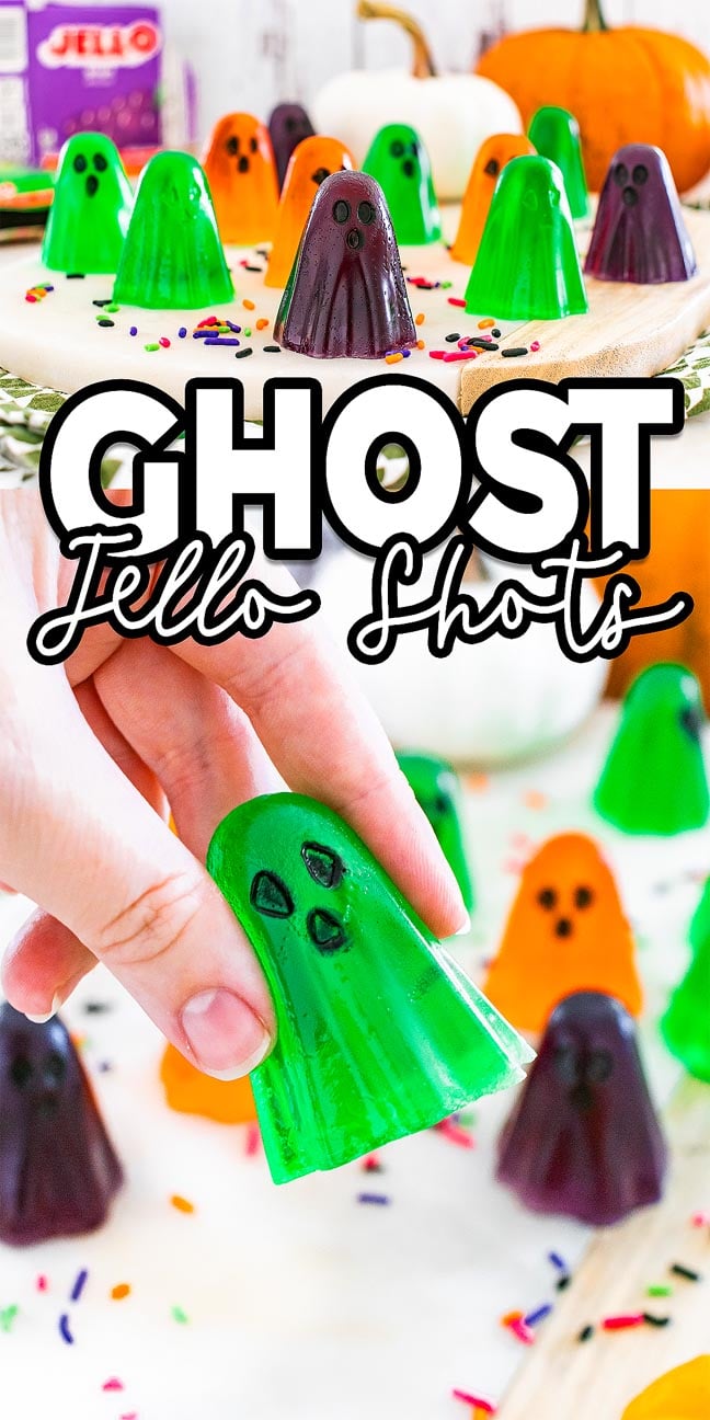 Colorful ghost jello shots in green, orange, and purple with playful faces drawn on each are arranged on a white surface.