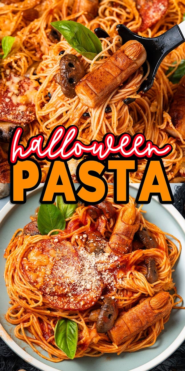 Halloween Pasta: Spaghetti with tomato sauce, mushrooms, and sausage shaped like fingers, garnished with basil leaves.