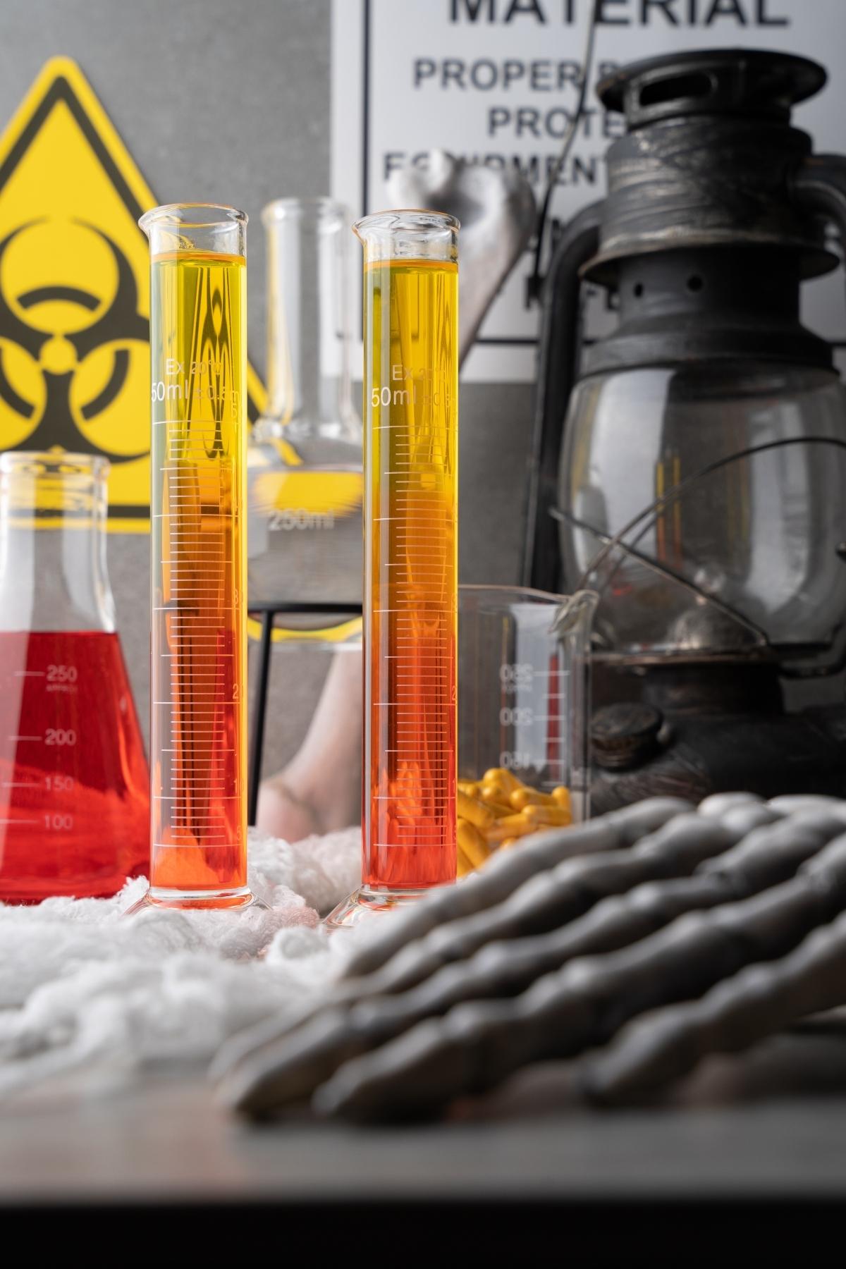 Two tall lab cylinders with orange and yellow liquid, lab glassware, and a biohazard sign in the background—perfect for showcasing vitamins that glow under black light or creating a vibrant black light reactive shooter.