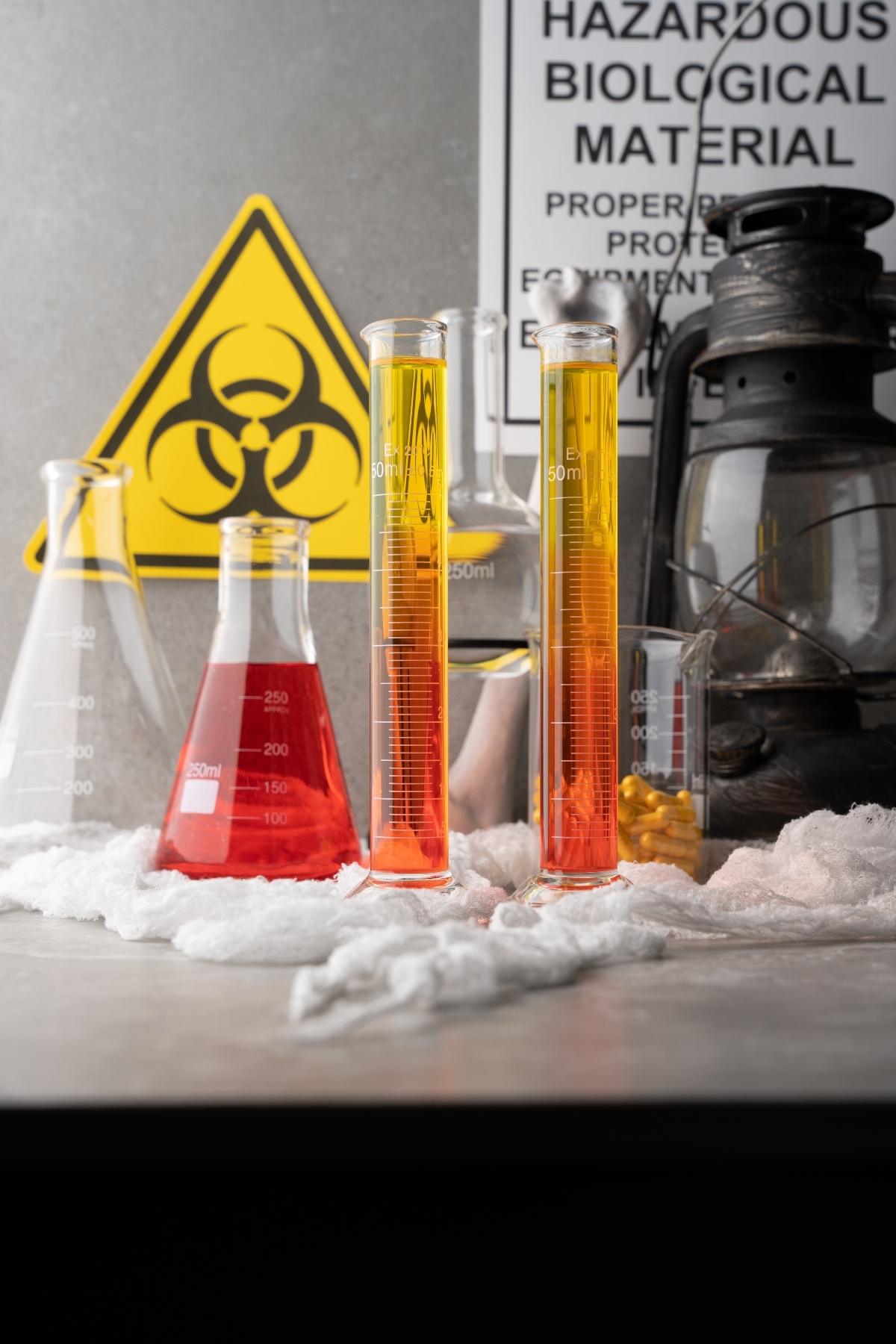 Laboratory glassware with colored liquids near a biohazard warning sign evokes the look of a fluorescent neon cocktail, perfect for creating your own Halloween Glow in the Dark Shots.