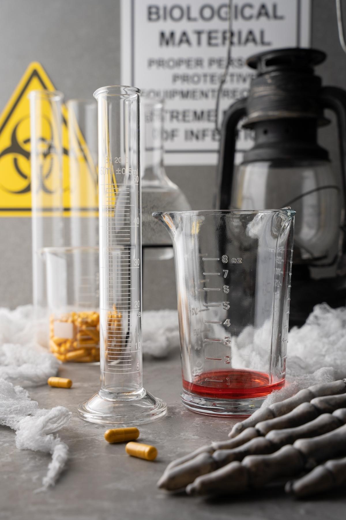 A measuring cylinder, beaker with red liquid, yellow capsules, and skeleton hand in a lab with biohazard signs create the perfect scene for Halloween Glow in the Dark Shots or a fluorescent neon cocktail.