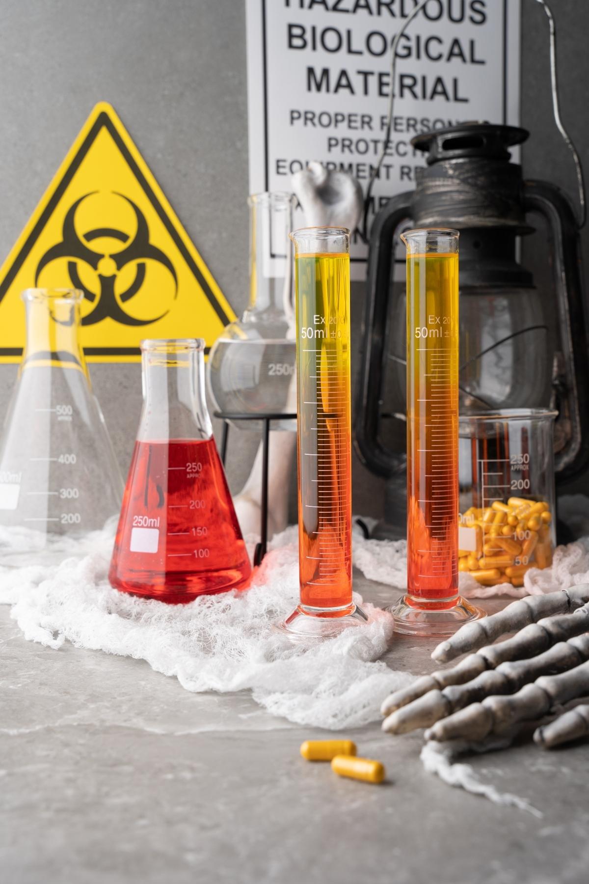 Colorful liquids in lab glassware, biohazard signs, pills, and skeleton hands on a gray surface create a scene reminiscent of mixing a fluorescent neon cocktail or exploring vitamins that glow under black light.