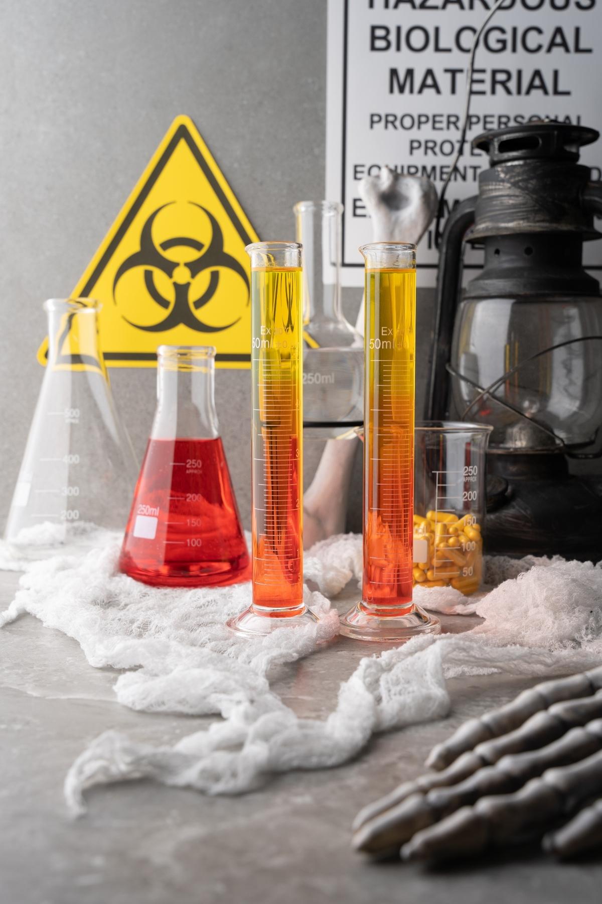 Glass labware with colorful, glow in the dark drinks and a biohazard sign on a gray surface, alongside medical gauze and a lantern.