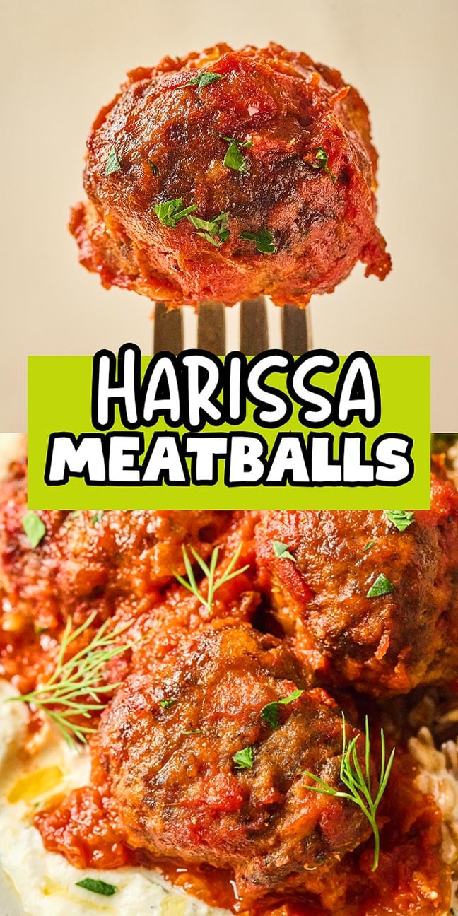 A fork holds a juicy harissa meatball above a plate of flavorful, saucy harissa meatballs, with "Harissa Meatballs" in bold text.