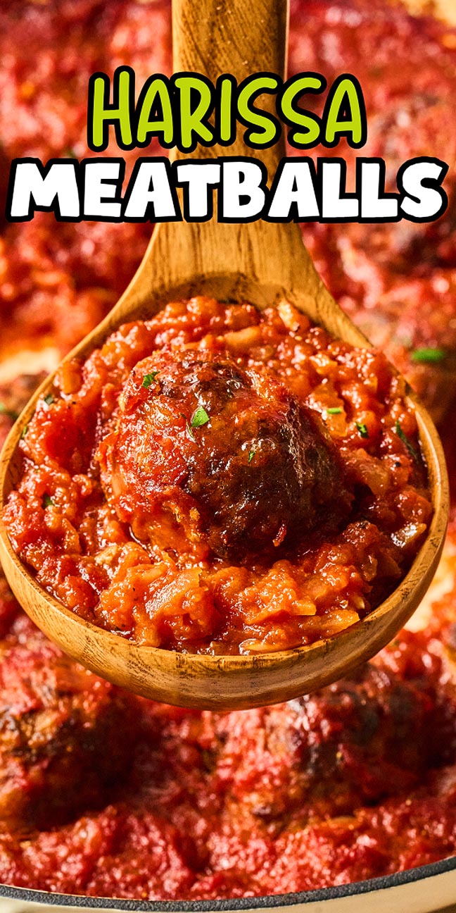A wooden spoon holds a harissa meatball in zesty tomato sauce above a pan, with the text "Harissa Meatballs" displayed on top.
