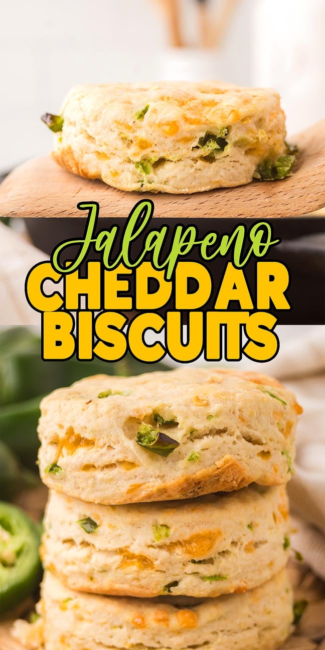 Three flaky Jalapeño Cheddar Biscuits packed with cheddar and jalapeño pieces, with text: "Jalapeño Cheddar Biscuits.