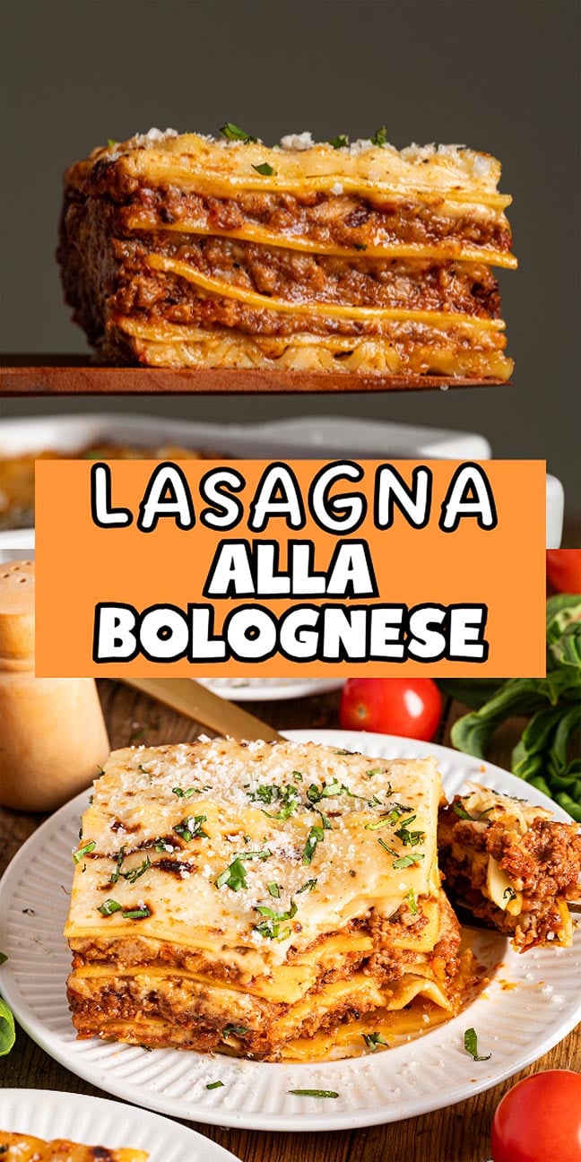 A slice of lasagna alla Bolognese on a plate, topped with grated cheese and fresh herbs, showcases layers of rich meat sauce and creamy béchamel.
