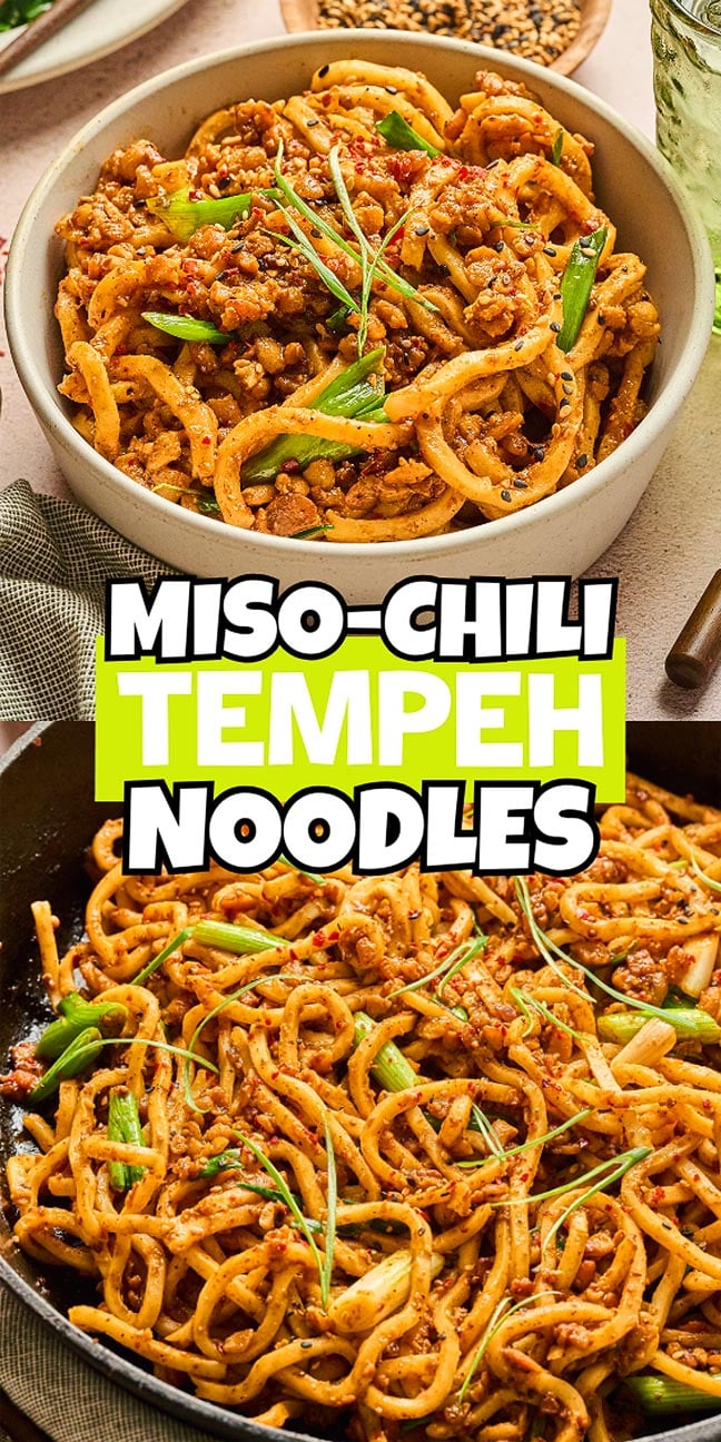 A bowl of Miso-Chili Tempeh Noodles topped with green onions, showcased beside a close-up view of this flavorful dish.
