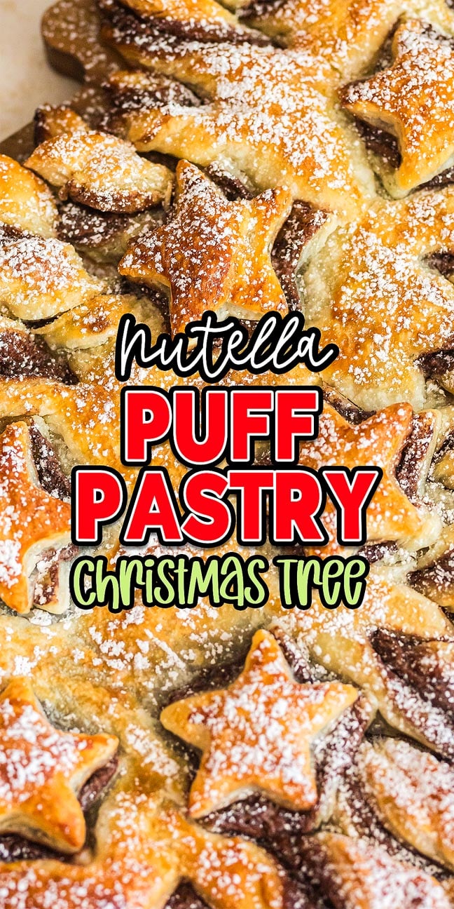 Nutella Puff Pastry Christmas Tree arranged on a platter, dusted elegantly with powdered sugar.