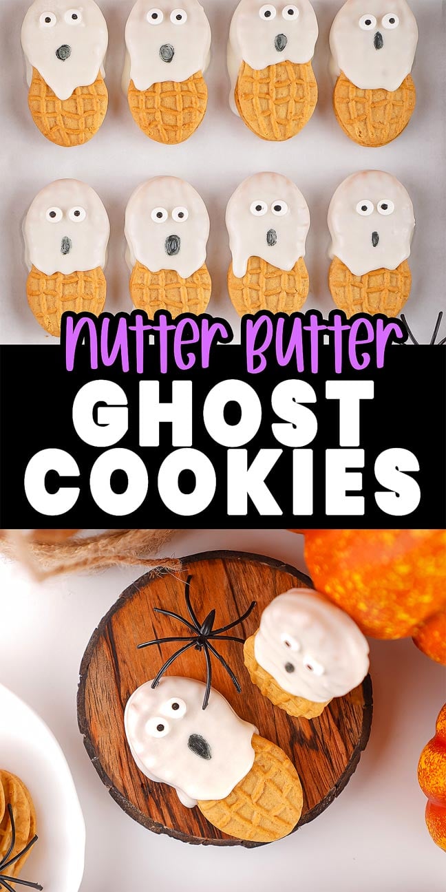 Nutter Butter Ghost Cookies are decorated with white icing and candy eyes, then displayed on plates and a wooden tray for a spooky, sweet treat.