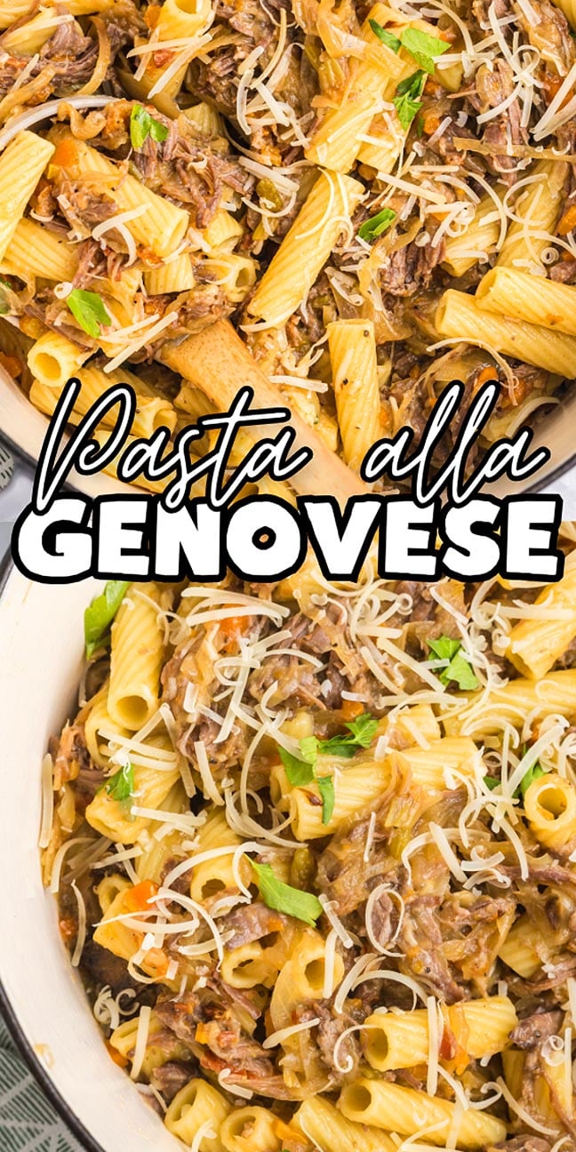 Close-up of pasta alla Genovese featuring shredded meat, rigatoni, cheese, and herbs in a creamy sauce.