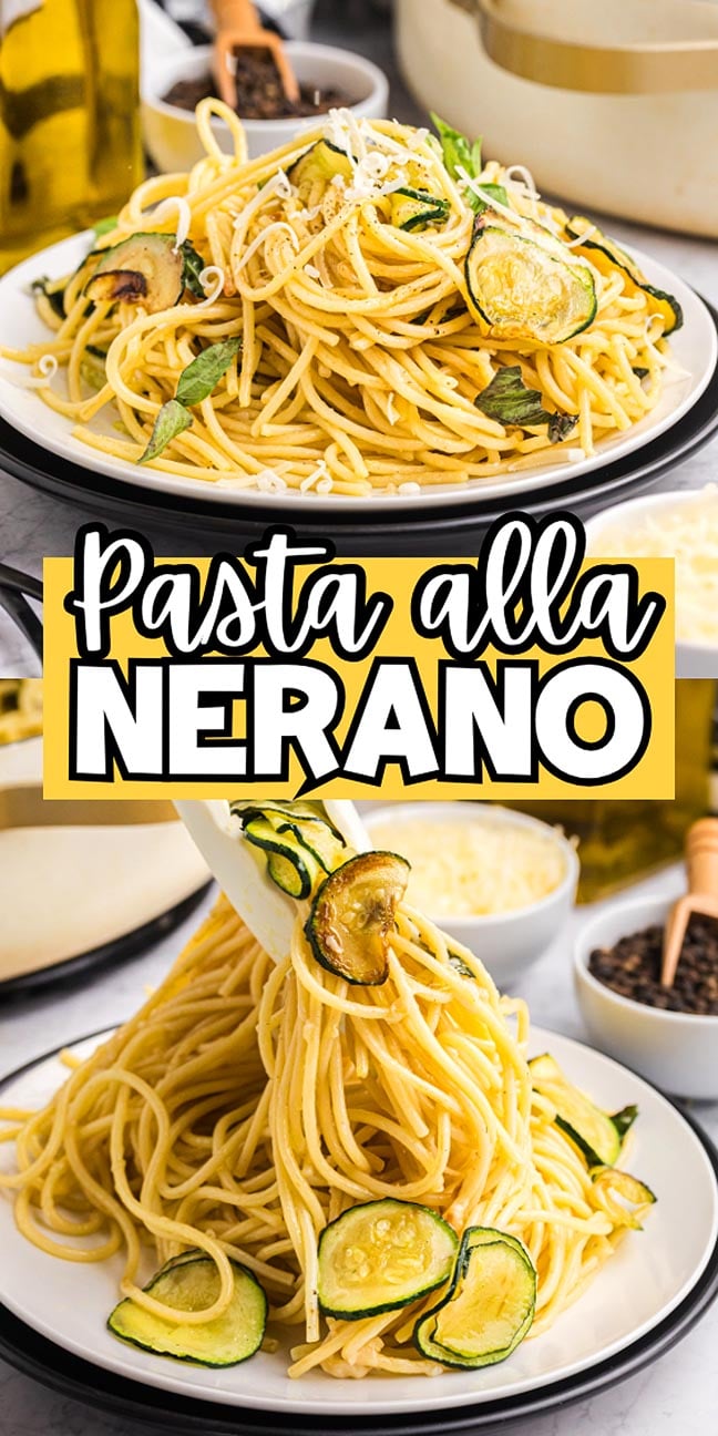 Plate of spaghetti with zucchini slices, showcasing the classic pasta alla Nerano, titled in bold letters across the center.