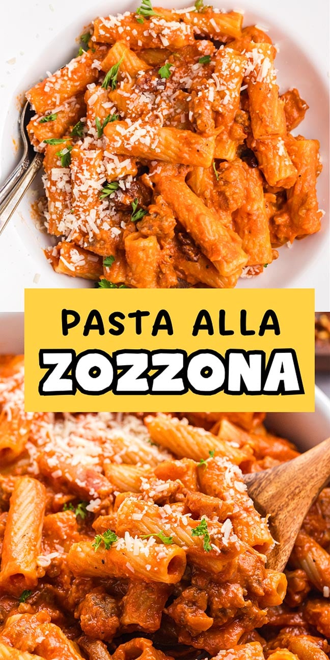 A plate of rigatoni pasta alla zozzona in a rich red sauce with sausage, topped with grated cheese and fresh parsley.