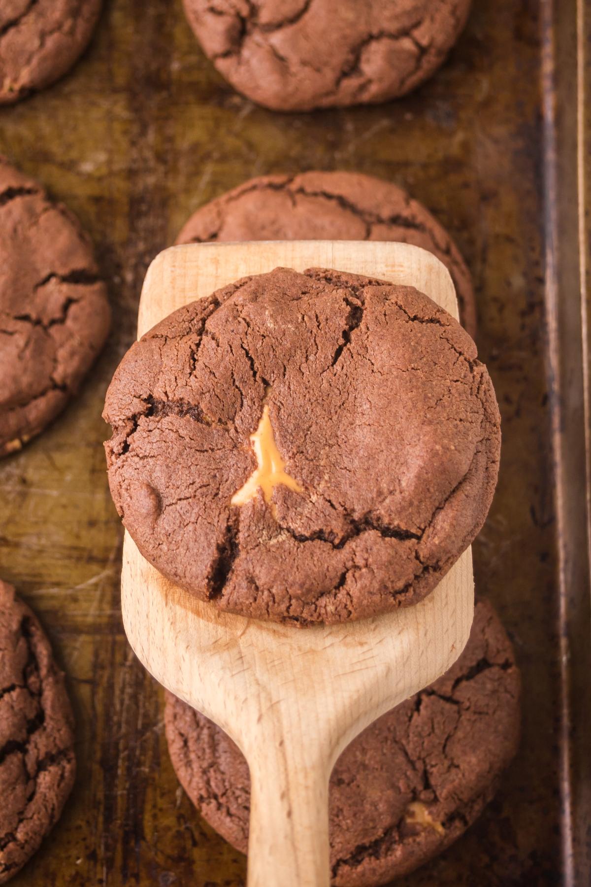 A wooden spatula holding a chocolate cookie above a tray of more cookies.