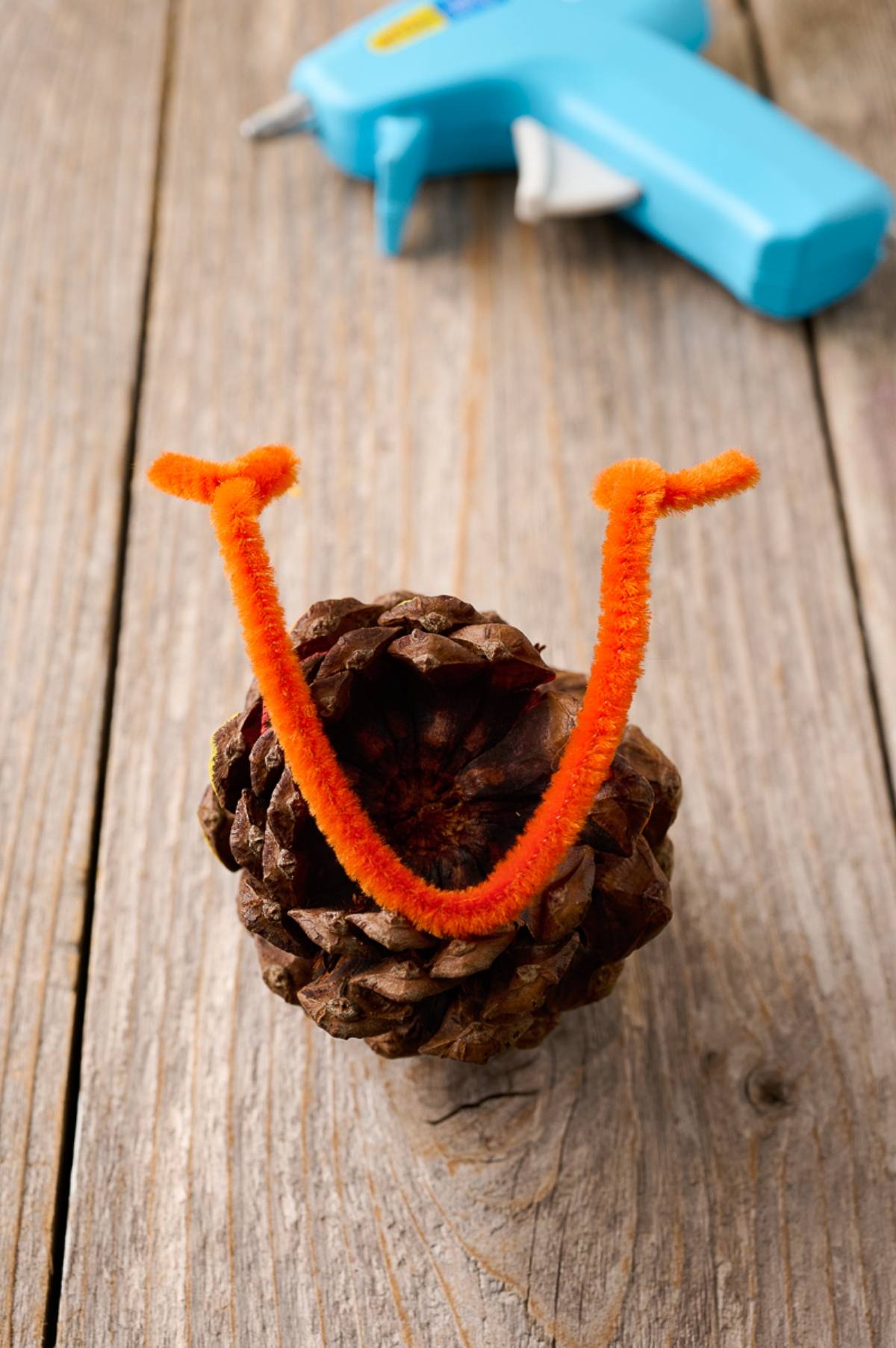 A pine cone with an orange pipe cleaner on top and a blue glue gun in the background on a wooden surface.
