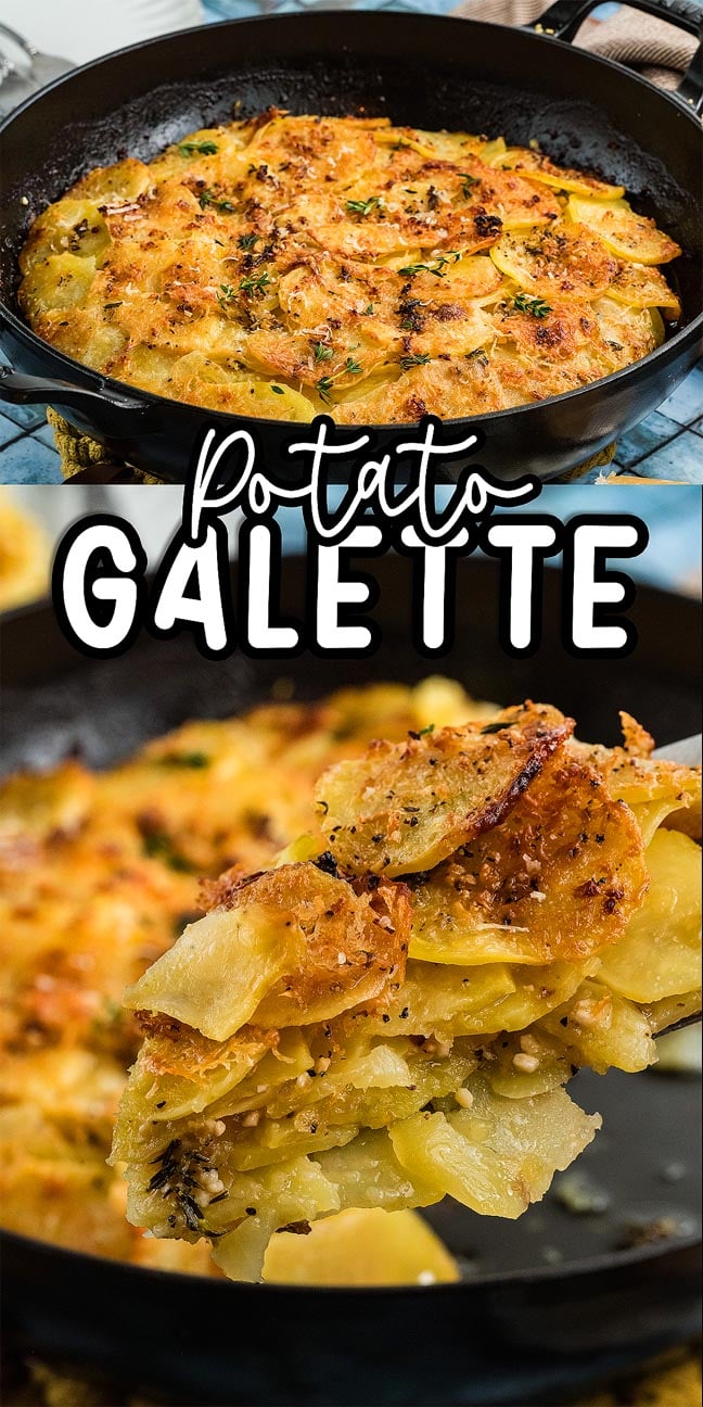 Golden, crispy Potato Galette in a skillet, with a serving being lifted out on a spatula—perfectly layered and irresistible.