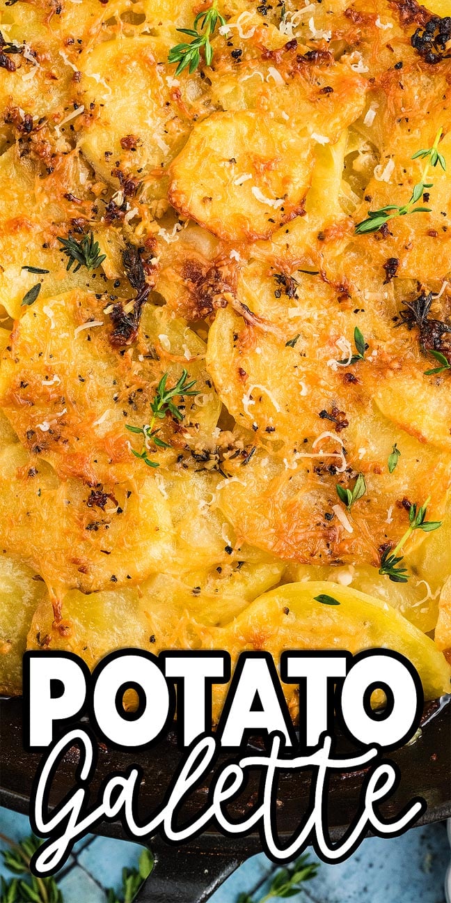Golden, cheesy Potato Galette topped with fresh herbs, with the words "Potato Galette" elegantly displayed at the bottom.