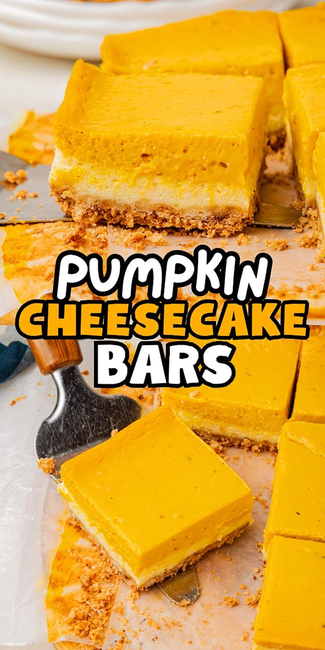 Sliced pumpkin cheesecake bars rest on parchment paper, ready to serve with a spatula. A text overlay reads "Pumpkin Cheesecake Bars" highlighting this irresistible fall dessert.
