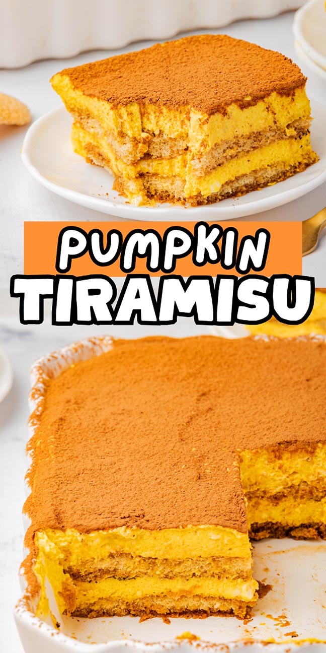 A slice of pumpkin tiramisu topped with cocoa powder sits on a plate beside the whole pumpkin tiramisu in a baking dish.