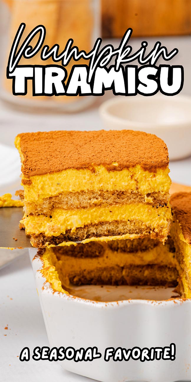 A slice of pumpkin tiramisu is being lifted from a dish, its creamy layers and cocoa powder topping highlighting this delightful twist on classic pumpkin tiramisu.