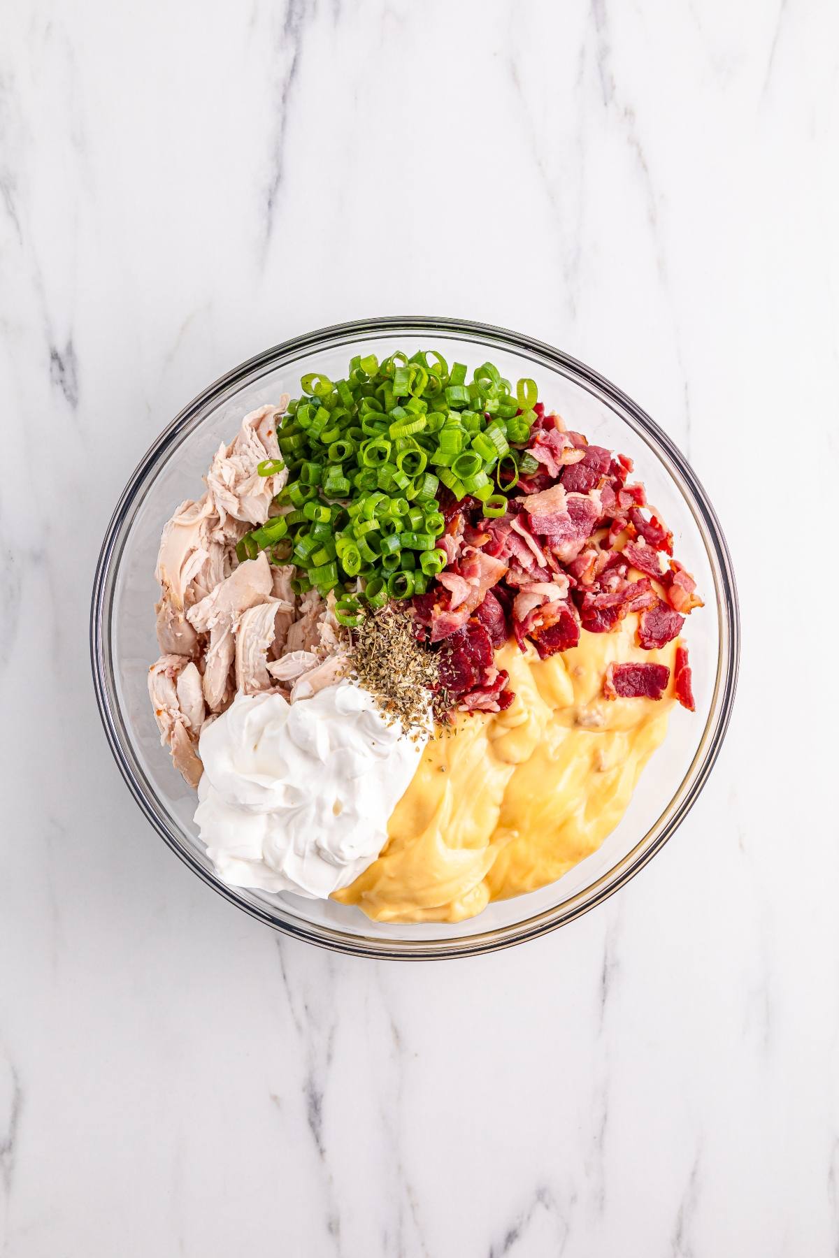 A bowl with shredded chicken, chopped green onions, bacon, sour cream, soup, and seasonings on a marble surface.
