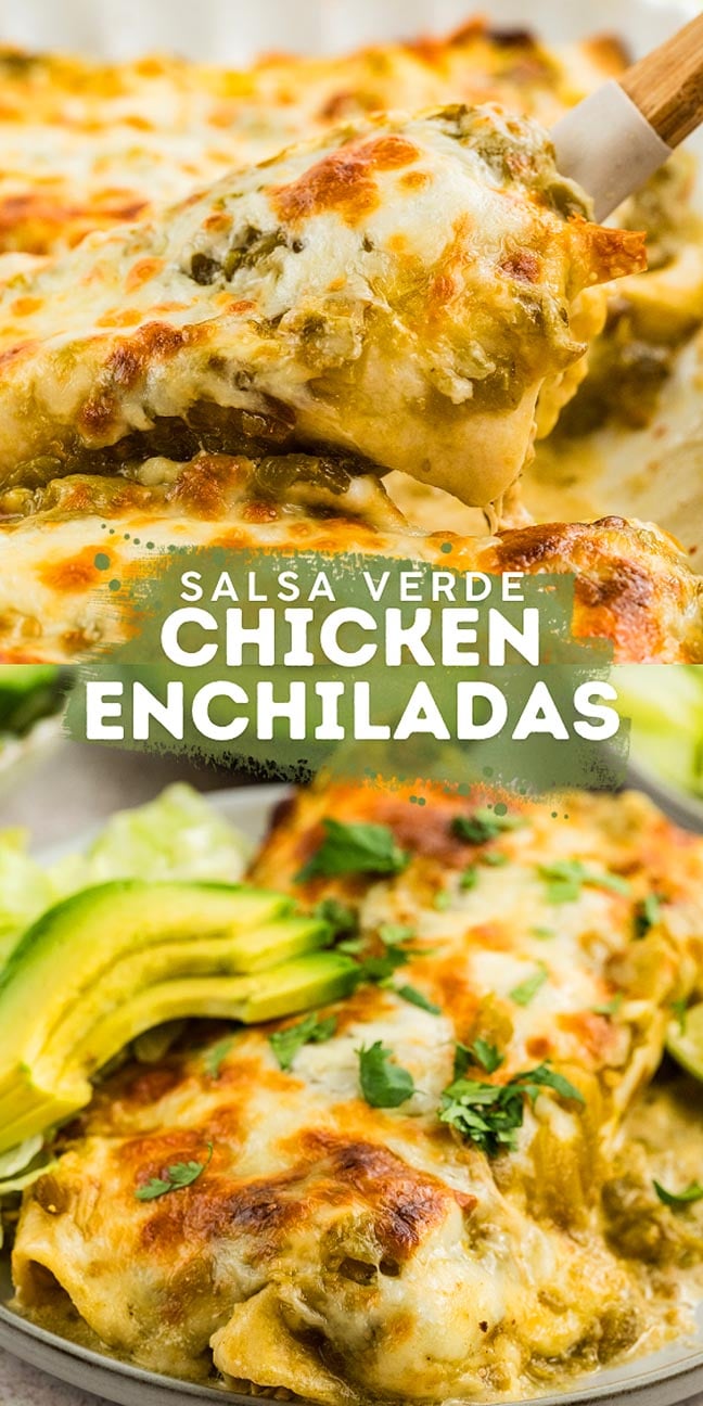A slice of Salsa Verde Chicken Enchiladas is being served, topped with melted cheese and garnished with fresh avocado and cilantro on the side.