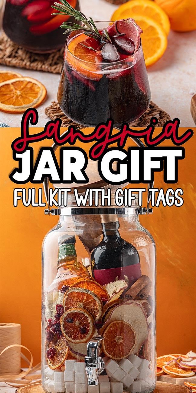 A Sangria Kit Gift Jar featuring dried fruit, a wine bottle, and spices, plus a glass of sangria garnished with fresh fruit.