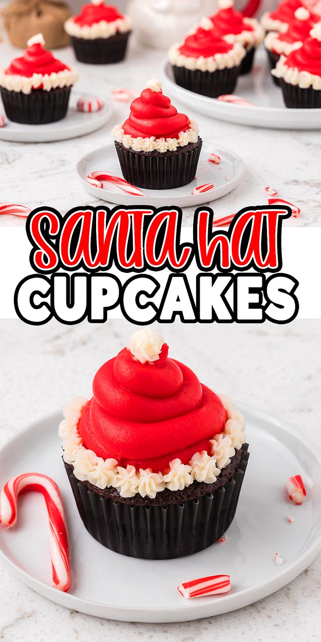 A Santa Hat Cupcake with red and white frosting sits next to a candy cane on a plate, creating a festive holiday treat.