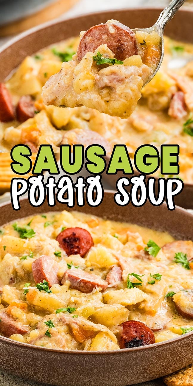 Close-up of creamy sausage potato soup in bowls, topped with fresh herbs, with a spoonful of the hearty sausage potato soup held above.
