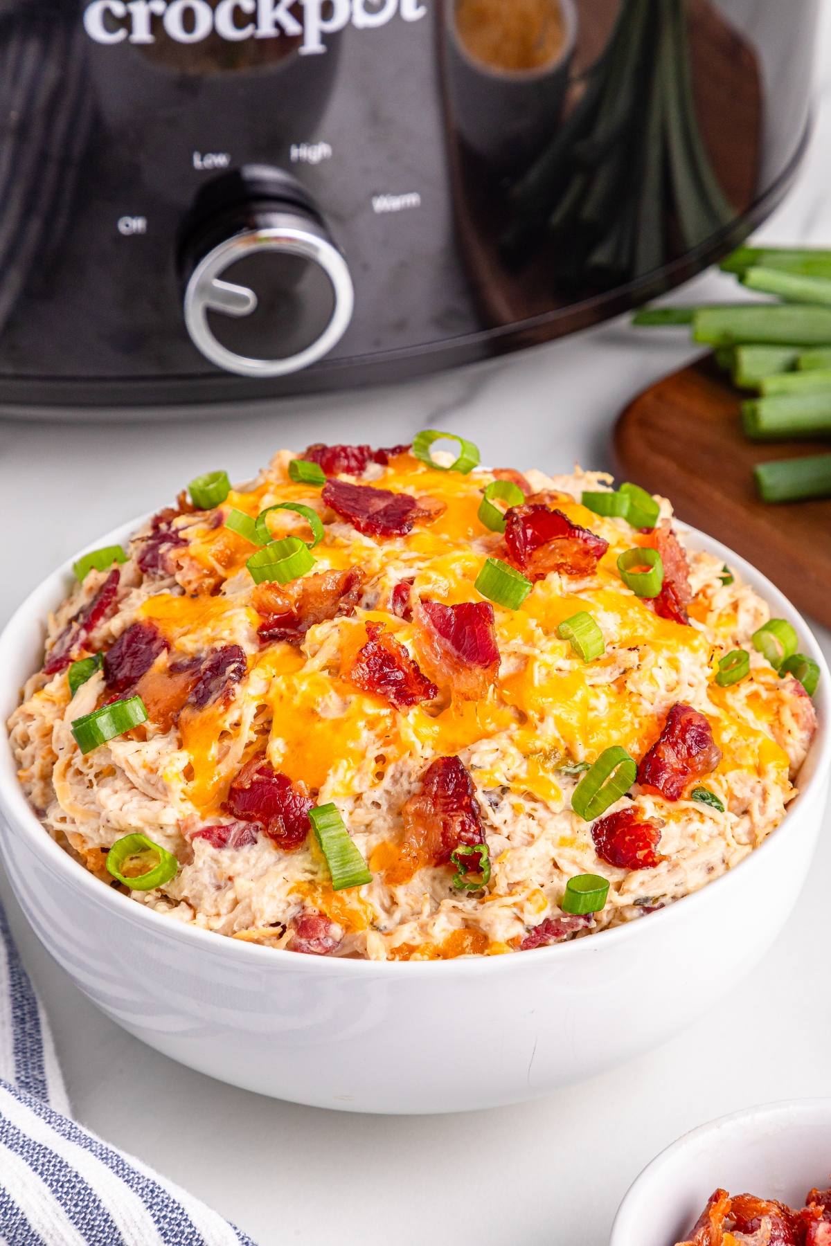 Bowl of cheesy dip topped with bacon and green onions, with a crockpot and green onions in the background.