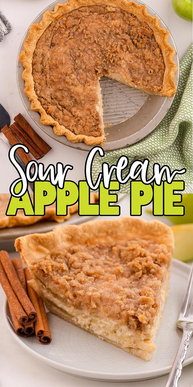 Top view of a sour cream apple pie with a slice missing, and a close-up of a slice of this creamy, spiced treat on a plate with cinnamon sticks.