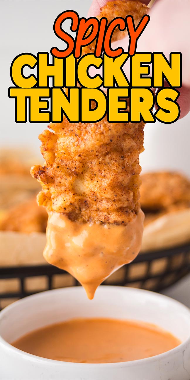 A hand dipping a crispy spicy chicken tender into orange sauce, with "Spicy Chicken Tenders" displayed above.
