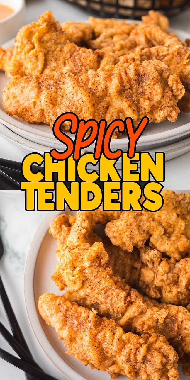 Two plates of crispy, golden-brown spicy chicken tenders are served hot, their bold flavors highlighted beneath text reading "Spicy Chicken Tenders.
