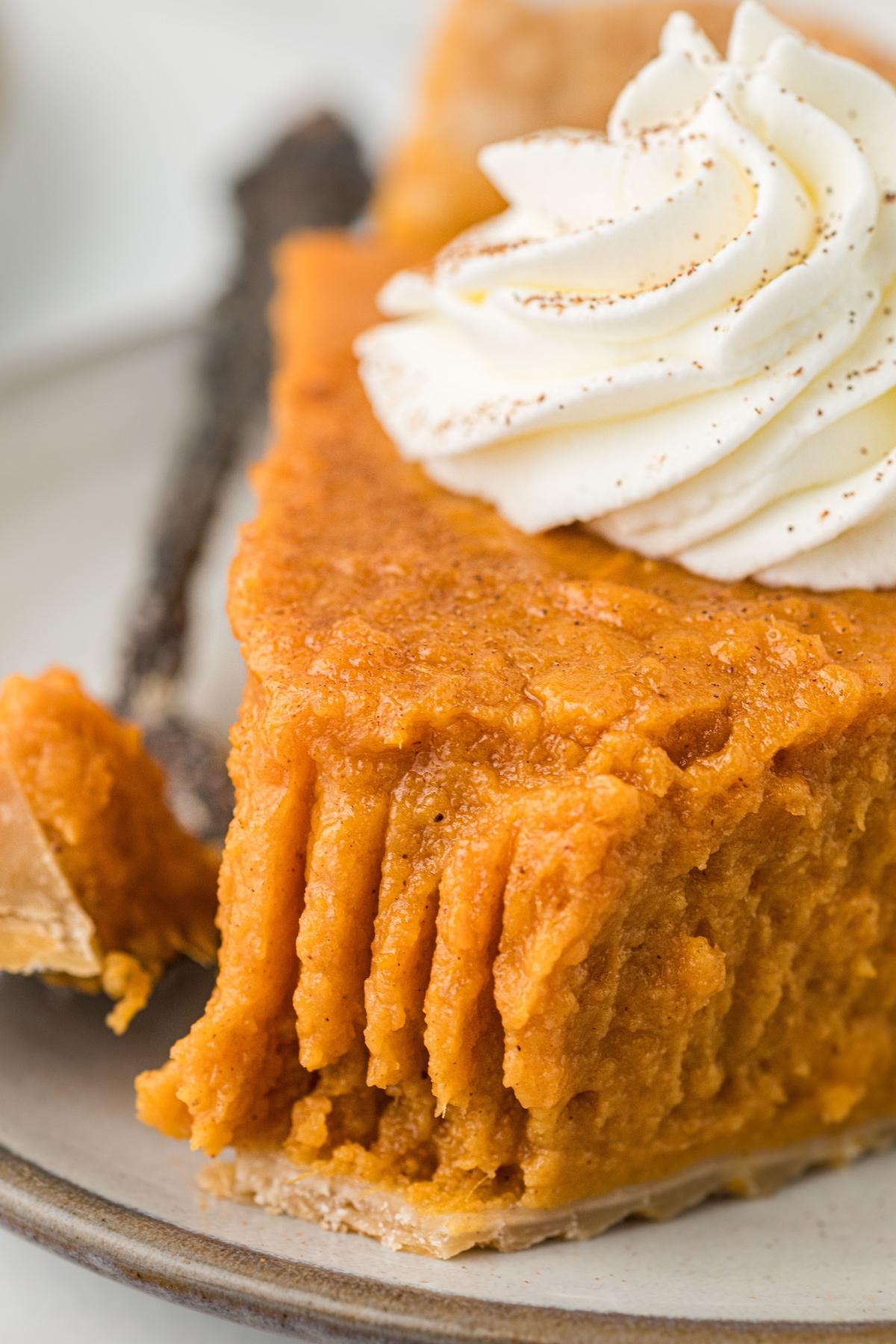 A close-up of a slice of sweet potato pie topped with whipped cream on a plate.