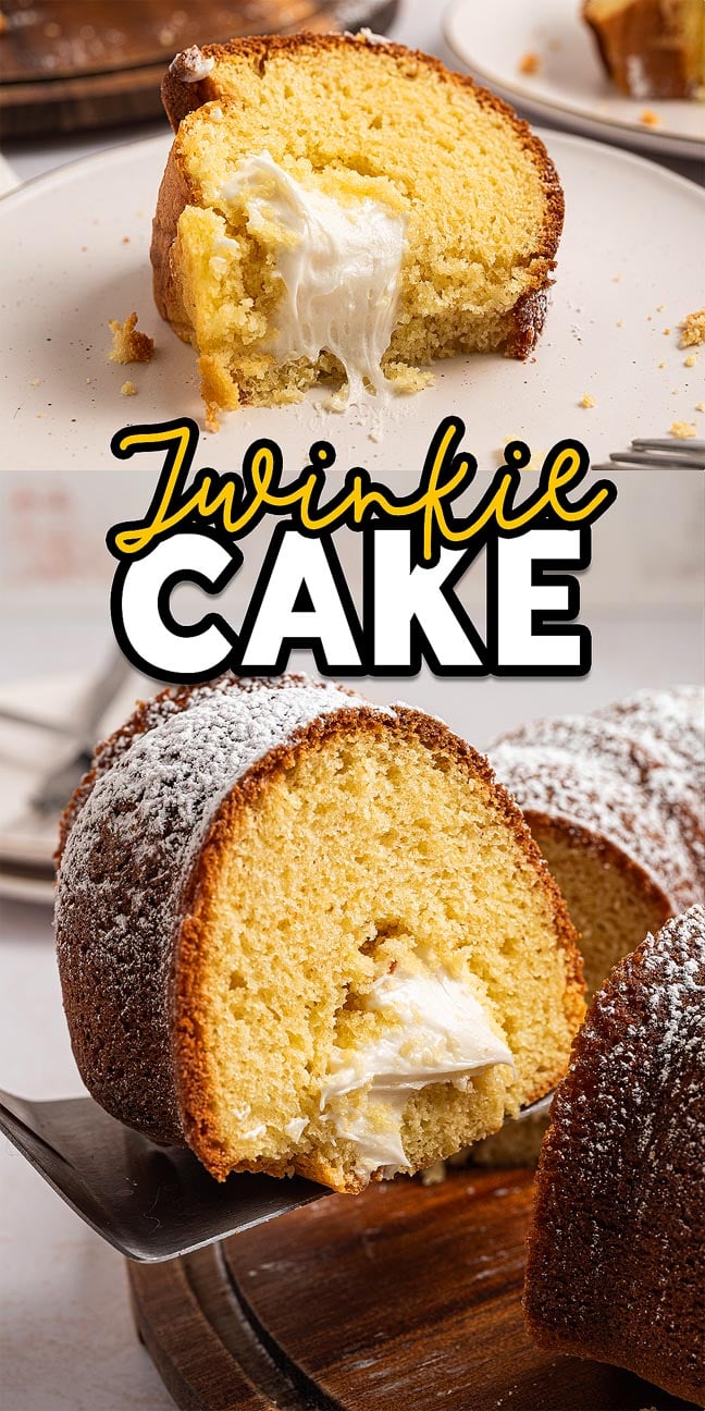 Twinkie Cake-inspired bundt cake with creamy filling, dusted with powdered sugar, sliced and served on plates.