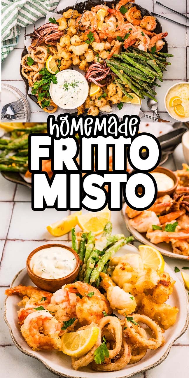 A plate of crispy seafood and vegetables with lemon wedges and dipping sauce, labeled "Homemade Fritto Misto"—a classic fritto misto perfect for sharing.
