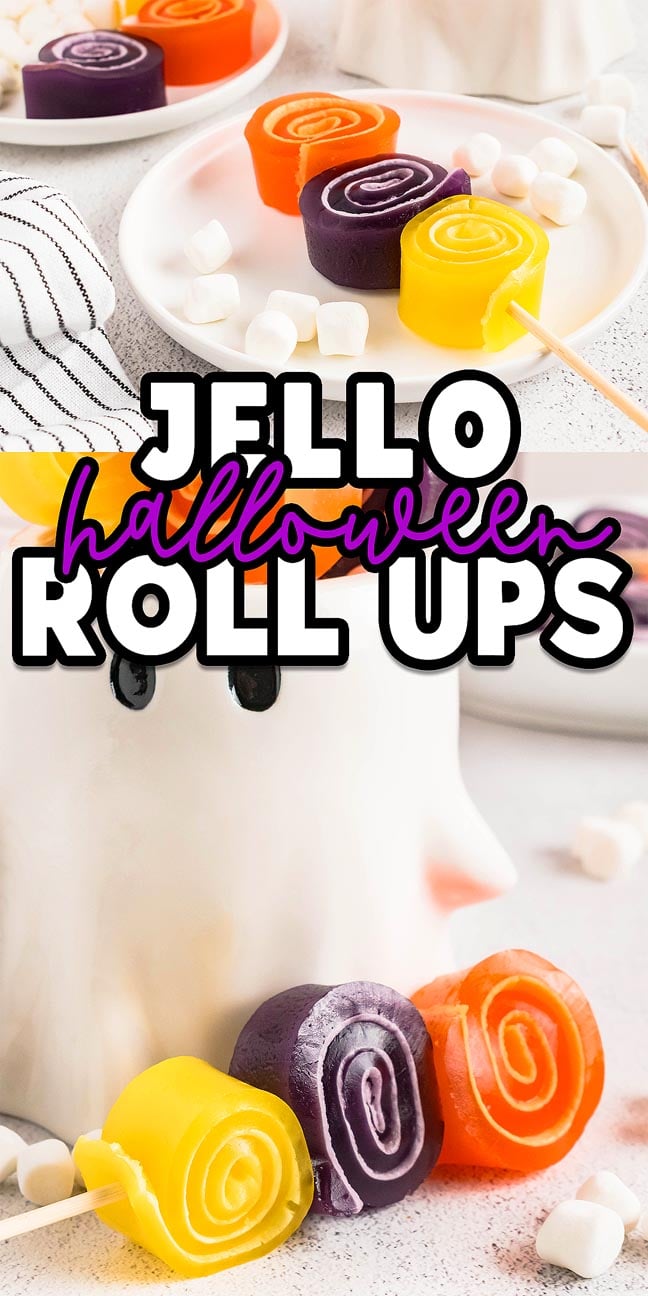 Colorful yellow, purple, and orange Halloween Jello Roll Ups on plates and sticks, served with marshmallows and festive Halloween decor.