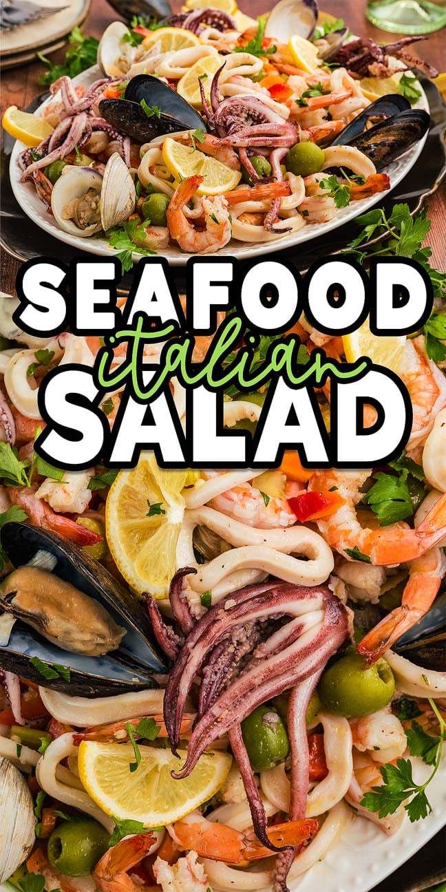 A vibrant Italian Seafood Salad with shrimp, calamari, mussels, olives, and lemon slices beautifully arranged on a plate.