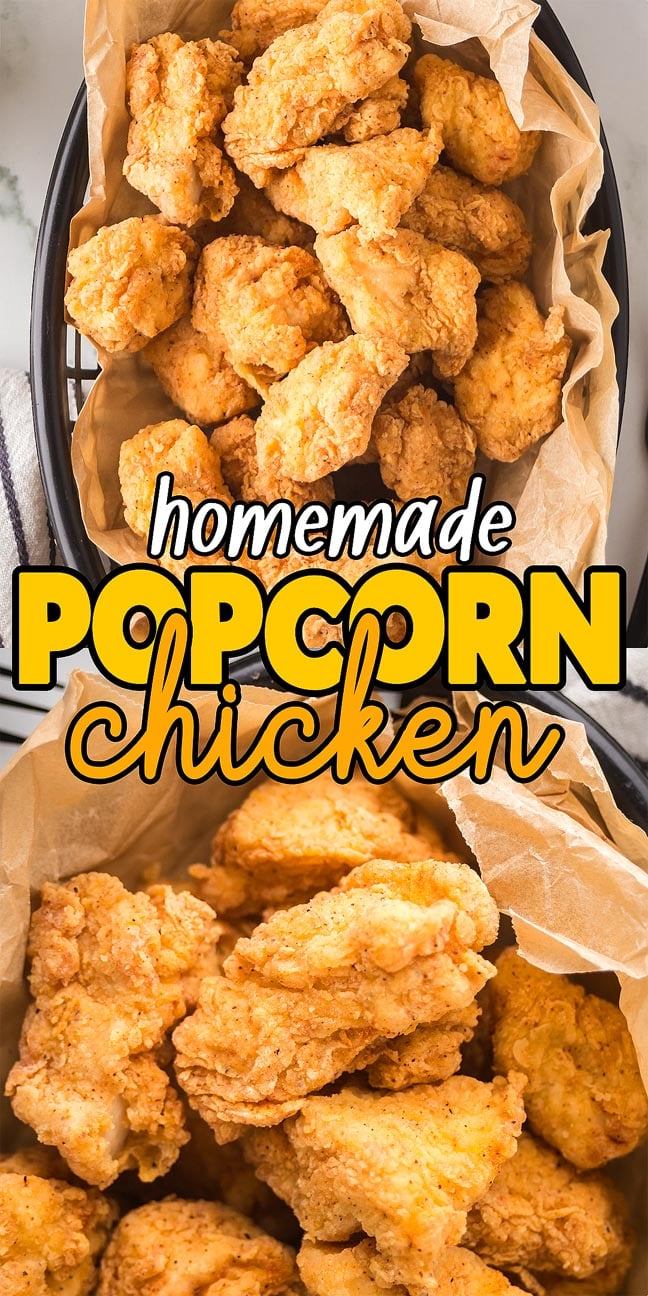 Basket of crispy homemade popcorn chicken pieces with a bold "popcorn chicken" text overlay.