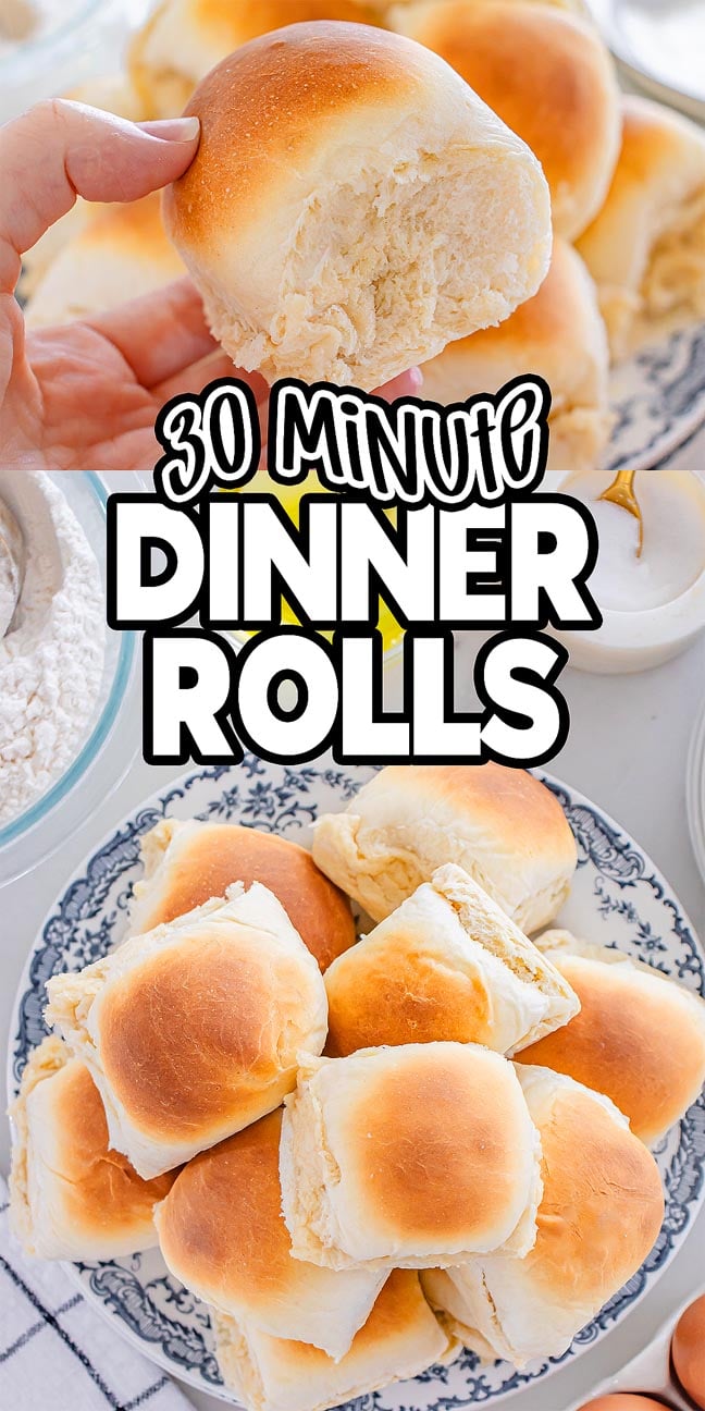 Hand holding a soft roll above a plate of golden brown, freshly baked 30 Minute Dinner Rolls, perfect for any meal.