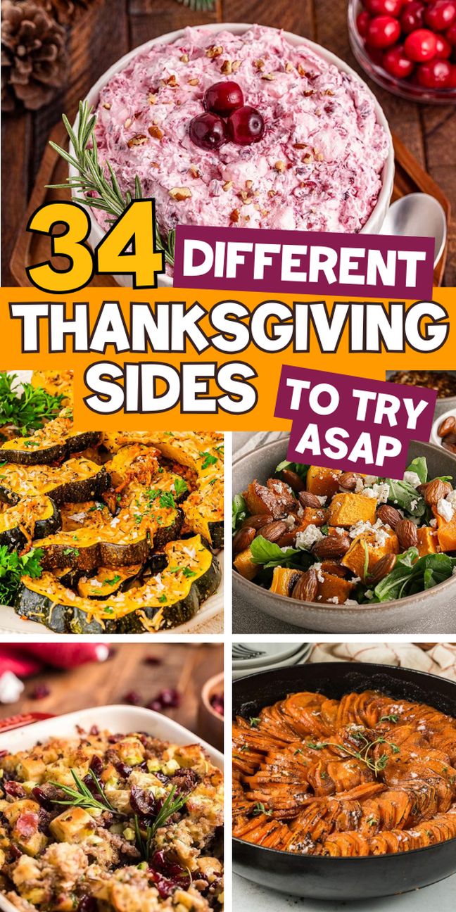 An assortment of holiday side dishes including roasted vegetables, potatoes and salads arranged in serving bowls.