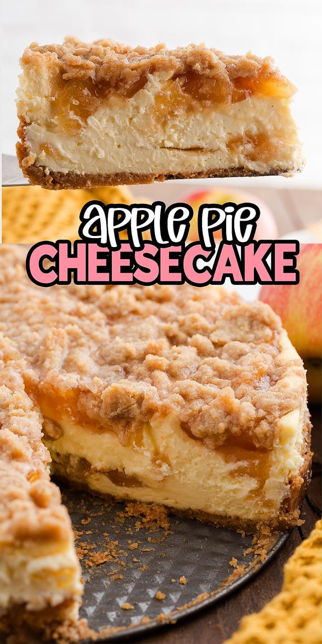 A close-up of a slice and whole apple pie cheesecake, showcasing crumb topping and creamy layers in this decadent dessert.